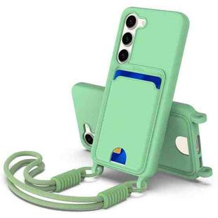 For Samsung Galaxy S23 5G Integrated Card Bag Solid Color Liquid Silicone Phone Case Gen2 with Short Lanyard(Green)