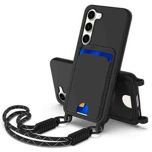 For Samsung Galaxy S23 5G Integrated Card Bag Solid Color Liquid Silicone Phone Case Gen2 with Short Lanyard(Black)