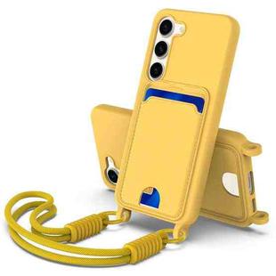 For Samsung Galaxy S23 5G Integrated Card Bag Solid Color Liquid Silicone Phone Case Gen2 with Short Lanyard(Yellow)