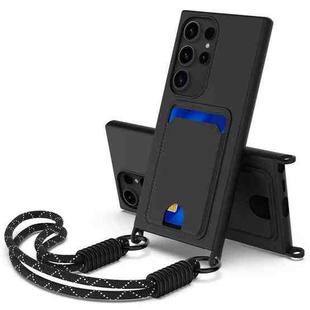 For Samsung Galaxy S24 Ultra 5G Integrated Card Bag Solid Color Liquid Silicone Phone Case Gen2 with Short Lanyard(Black)