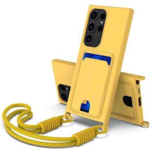 For Samsung Galaxy S23 Ultra 5G Integrated Card Bag Solid Color Liquid Silicone Phone Case Gen2 with Short Lanyard(Yellow)
