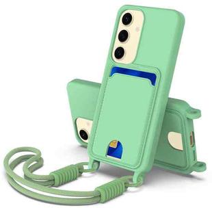 For Samsung Galaxy S25 5G Integrated Card Bag Solid Color Liquid Silicone Phone Case Gen2 with Short Lanyard(Green)
