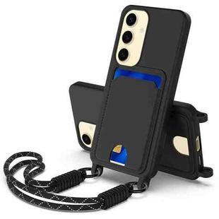 For Samsung Galaxy S25 5G Integrated Card Bag Solid Color Liquid Silicone Phone Case Gen2 with Short Lanyard(Black)