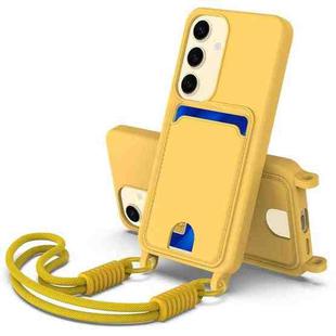 For Samsung Galaxy S25 5G Integrated Card Bag Solid Color Liquid Silicone Phone Case Gen2 with Short Lanyard(Yellow)