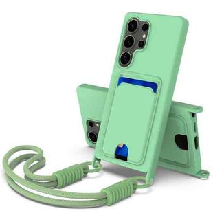 For Samsung Galaxy S25 Ultra 5G Integrated Card Bag Solid Color Liquid Silicone Phone Case Gen2 with Short Lanyard(Green)