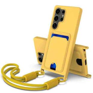 For Samsung Galaxy S25 Ultra 5G Integrated Card Bag Solid Color Liquid Silicone Phone Case Gen2 with Short Lanyard(Yellow)