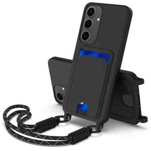 For Samsung Galaxy S24+ 5G Integrated Card Bag Solid Color Liquid Silicone Phone Case Gen2 with Short Lanyard(Black)
