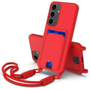 For Samsung Galaxy S25+ 5G Integrated Card Bag Solid Color Liquid Silicone Phone Case Gen2 with Short Lanyard(Red)