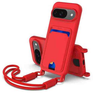 For Google Pixel 9  Integrated Card Bag Solid Color Liquid Silicone Phone Case Gen2 with Short Lanyard(Red)