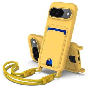 For Google Pixel 9  Integrated Card Bag Solid Color Liquid Silicone Phone Case Gen2 with Short Lanyard(Yellow)