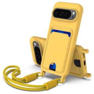 For Google Pixel 9 Pro Integrated Card Bag Solid Color Liquid Silicone Phone Case Gen2 with Short Lanyard(Yellow)