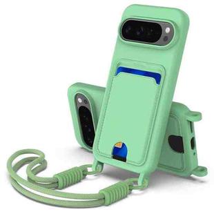 For Google Pixel 9 Pro XL Integrated Card Bag Solid Color Liquid Silicone Phone Case Gen2 with Short Lanyard(Green)