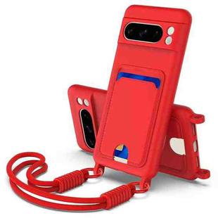 For Google Pixel 8 Pro Integrated Card Bag Solid Color Liquid Silicone Phone Case Gen2 with Short Lanyard(Red)