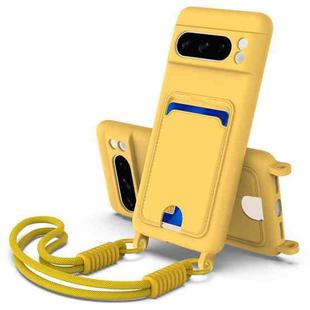 For Google Pixel 8 Pro Integrated Card Bag Solid Color Liquid Silicone Phone Case Gen2 with Short Lanyard(Yellow)