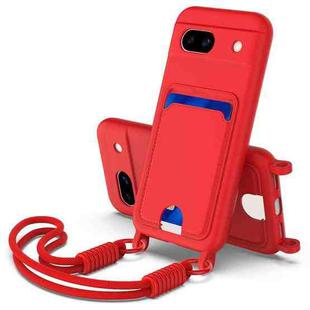 For Google Pixel 8a Integrated Card Bag Solid Color Liquid Silicone Phone Case Gen2 with Short Lanyard(Red)