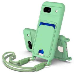 For Google Pixel 8a Integrated Card Bag Solid Color Liquid Silicone Phone Case Gen2 with Short Lanyard(Green)