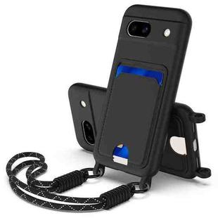 For Google Pixel 8a Integrated Card Bag Solid Color Liquid Silicone Phone Case Gen2 with Short Lanyard(Black)
