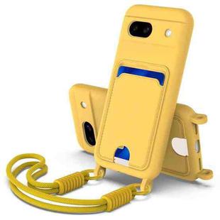 For Google Pixel 8a Integrated Card Bag Solid Color Liquid Silicone Phone Case Gen2 with Short Lanyard(Yellow)