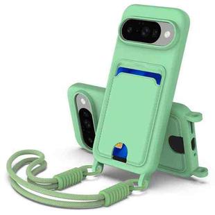 For Google Pixel 10 Integrated Card Bag Solid Color Liquid Silicone Phone Case Gen2 with Short Lanyard(Green)
