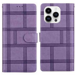 For iPhone 15 Pro Max Embossed Checkered Leather Phone Case(Purple)