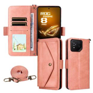 For Asus ROG Phone 8 / 8 Pro Multi-card Slots Crossbody Cowhide Leather Phone Case(Pink)