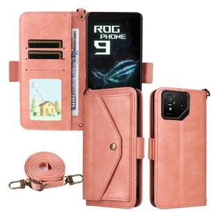 For Asus ROG Phone 9 / 9 Pro Multi-card Slots Crossbody Cowhide Leather Phone Case(Pink)