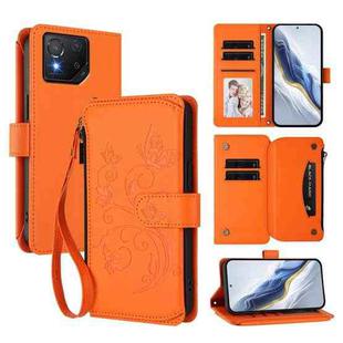 For ASUS ROG Phone 8 / 8 Pro Butterfly Love Flower Multi-card Zipper Wallet Leather Phone Case(Orange)