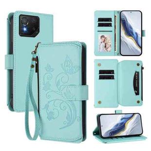 For ASUS ROG Phone 8 / 8 Pro Butterfly Love Flower Multi-card Zipper Wallet Leather Phone Case(Mint Green)