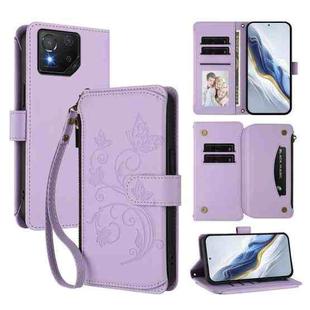 For ASUS ROG Phone 8 / 8 Pro Butterfly Love Flower Multi-card Zipper Wallet Leather Phone Case(Light Purple)