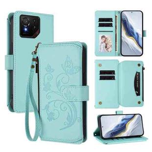 For ASUS ROG Phone 9 / 9 Pro Butterfly Love Flower Multi-card Zipper Wallet Leather Phone Case(Mint Green)