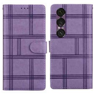 For Sony Xperia 1 VII Embossed Checkered Leather Phone Case(Purple)