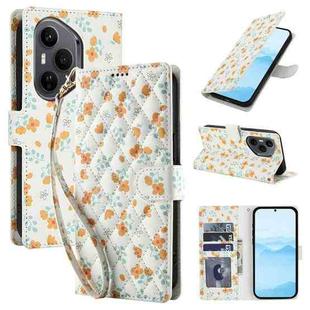 For Honor 400 Pro Global 160.8mm Flower Pattern Buckle Leather Phone Case with Lanyard(Orange Flowers)
