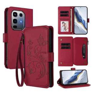 For Infinix Note 50 Pro+ 5G Butterfly Love Flower Multi-card Zipper Wallet Leather Phone Case(Wine Red)