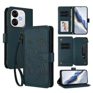 For Itel A80 4G Butterfly Love Flower Multi-card Zipper Wallet Leather Phone Case(Dark Green)