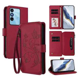 For Itel P38 / S17 / Vision 3 Butterfly Love Flower Multi-card Zipper Wallet Leather Phone Case(Wine Red)