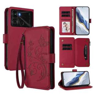 For Itel P40 Butterfly Love Flower Multi-card Zipper Wallet Leather Phone Case(Wine Red)