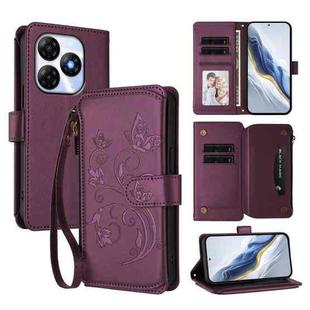 For Itel P55 4G / Infinix Smart 8 Butterfly Love Flower Multi-card Zipper Wallet Leather Phone Case(Dark Purple)