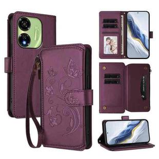 For Itel P55 5G Butterfly Love Flower Multi-card Zipper Wallet Leather Phone Case(Dark Purple)