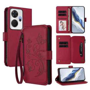 For Itel P55+ Butterfly Love Flower Multi-card Zipper Wallet Leather Phone Case(Wine Red)