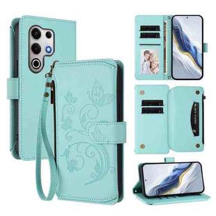 For Itel S25 Ultra 4G Curved Butterfly Love Flower Multi-card Zipper Wallet Leather Phone Case(Mint Green)