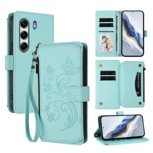For Tecno Camon 40 Pro 5G Butterfly Love Flower Multi-card Zipper Wallet Leather Phone Case(Mint Green)