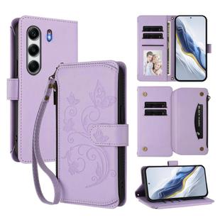 For Tecno Camon 40 Pro 5G Butterfly Love Flower Multi-card Zipper Wallet Leather Phone Case(Light Purple)