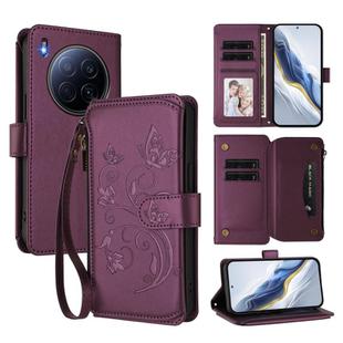 For Tecno Camon 40 Premier Butterfly Love Flower Multi-card Zipper Wallet Leather Phone Case(Dark Purple)