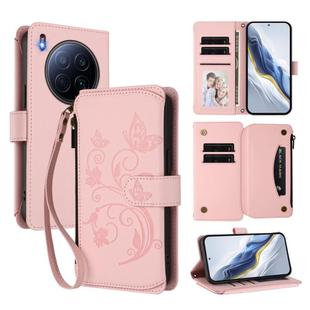 For Tecno Camon 40 Premier Butterfly Love Flower Multi-card Zipper Wallet Leather Phone Case(Pink)