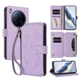 For Tecno Camon 40 Premier Butterfly Love Flower Multi-card Zipper Wallet Leather Phone Case(Light Purple)