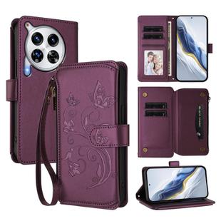 For Tecno Camon 30 Premier Butterfly Love Flower Multi-card Zipper Wallet Leather Phone Case(Dark Purple)