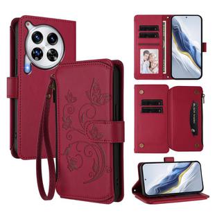 For Tecno Camon 30 Premier Butterfly Love Flower Multi-card Zipper Wallet Leather Phone Case(Wine Red)