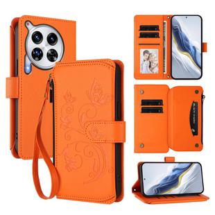 For Tecno Camon 30 Premier Butterfly Love Flower Multi-card Zipper Wallet Leather Phone Case(Orange)
