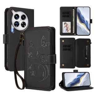 For Tecno Camon 30 Premier Butterfly Love Flower Multi-card Zipper Wallet Leather Phone Case(Black)