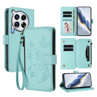 For Tecno Camon 30 Premier Butterfly Love Flower Multi-card Zipper Wallet Leather Phone Case(Mint Green)